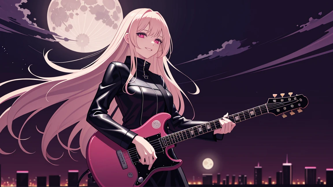 adult woman, pink eyes, long blonde hair, black leather, smile, guitar, 4k hd, night city, moon