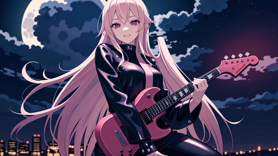 adult woman, pink eyes, long blonde hair, black leather, smile, guitar, 4k hd, night city, moon