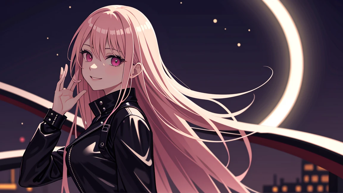 adult woman, pink eyes, long blonde hair, black leather, smile, guitar, 4k hd, night city, moon