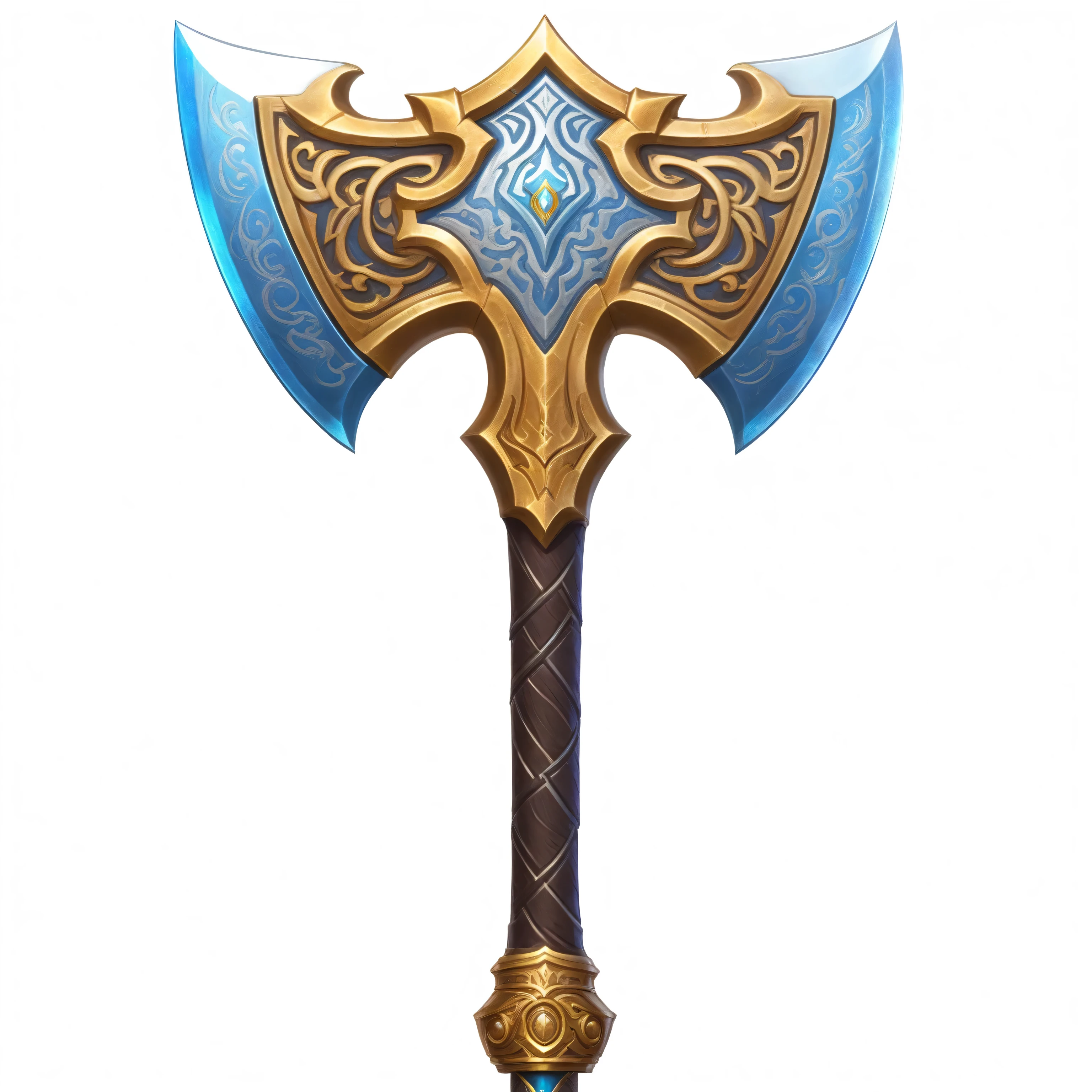 Close up of a large metal axe with gold and blue patterns, Fantasy RPG Weapon Art, Fantasy weapons, epic Fantasy weapons art, Tomahawk, Role Playing Game Items, World of Warcraft Blizzard Weapon Art, Tomahawk, Fantasy Sword of warrior, Dwarven weapons, Axe element, Hearthstone Weapon Art, Intricate Fantasy Spear, Role Playing Game Items, Role Playing Game Items render, Fantasy Sword