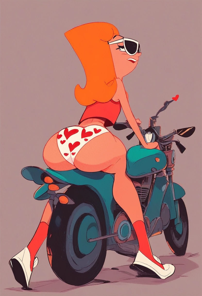 Candace, red tank top, skirtless, riding a motorcycle, white panties with red hearts, heart print panties, legs, white shoes, red socks, sunglasses, rear view, big butt, else half closed, head turned to viewer, 2D cartoon,