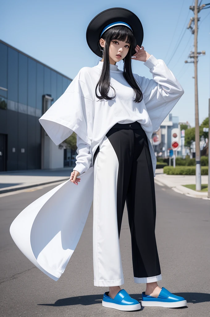 A character with a white hat and black pants,and blue anime slippers
