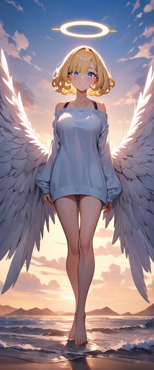 (((One girl))), full body, flying in the sky, bare legs, ((angel, big big white wings:1.2, halo:1.3)), Uriel, ((wavy hair, outward curled hair)), evening, Sunset, sea, beach, ((blond hair, bob cut:1.3)), big breasts, ager, (looking at viewer), oversized clothes, puffy long sleeves, collarbone, ((off-shoulder sweater dress:1.3, Quite thick shoulder straps)), (((sleeves past wrists:1.3))), ((white sweater)), collarbone, head tilt:1.3, (((blue eye))), ((happy smile)), (((anime style))), (best quality, 4K, 8K, highres, masterpiece:1.2, ultra-detailed, ultra-detailed eyes, HDR, uhd, studio lighting, ultra-fine painting, sharp focus, physically-based rendering, extreme detail description, professional, vivid colors, bokeh), ((Highest quality, Best image quality, Ultra-high resolution, Ultra-high resolution, solo, Strong eye highlights)), Depth of written boundary, Natural soft light, attractive, Beautiful Face, Cleanliness, Pure Face, medium chest, Beautiful Face, Perfect Fingers, Perfect hands, Perfect body, Perfect Face, Shine a light into your eyes, Perfect Anatomy