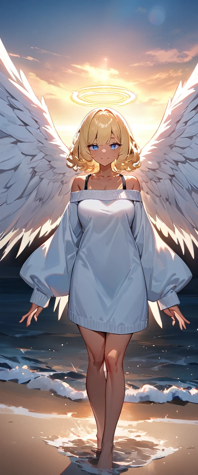 (((One girl))), full body, ((tanned skin)), flying in the sky, bare legs, ((angel, big big white wings:1.2, halo:1.3)), ((wavy hair)), evening, Sunset, sea, beach, ((blond hair, bob cut:1.3)), big breasts, teenager, (looking at viewer), oversized clothes, puffy long sleeves, collarbone, ((off-shoulder sweater dress:1.3, Quite thick shoulder straps)), (((sleeves past wrists:1.3))), ((white sweater)), collarbone, head tilt:1.3, (((blue eye))), ((happy smile)), (((anime style))), (best quality, 4K, 8K, highres, masterpiece:1.2, ultra-detailed, ultra-detailed eyes, HDR, uhd, studio lighting, ultra-fine painting, sharp focus, physically-based rendering, extreme detail description, professional, vivid colors, bokeh), ((Highest quality, Best image quality, Ultra-high resolution, Ultra-high resolution, solo, Strong eye highlights)), Depth of written boundary, Natural soft light, attractive, Beautiful Face, Cleanliness, Pure Face, medium chest, Beautiful Face, Perfect Fingers, Perfect hands, Perfect body, Perfect Face, Shine a light into your eyes, Perfect Anatomy