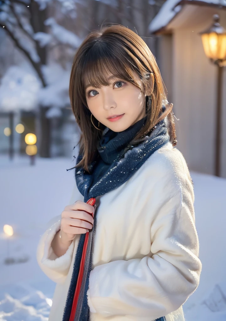 Blue Eyes、Holding a kitten、Photo from the waist up、Night city illumination shot、Cowgirl Shot、Fur coat、豪華なグレーのミンクのFur coat、Wear fine leather boots、Luxury Bags、Inner turtleneck、Silver necklace and small silver earrings Millionaire style:1.4))、Full body photo、smile、 Caustics、Highly detailed photos、Very beautiful woman 、Ample breasts、No makeup、(8K、RAW Photos、Highest quality、masterpiece:1.2)、(Realistic、Realistic)、1 Girl、((Medium Short Hair、Midwinter、Cold region Snow falling、The wind is blowing、Fluttering Hair、Blur the background、Colorful illuminations、Looking into the camera:1.4))、