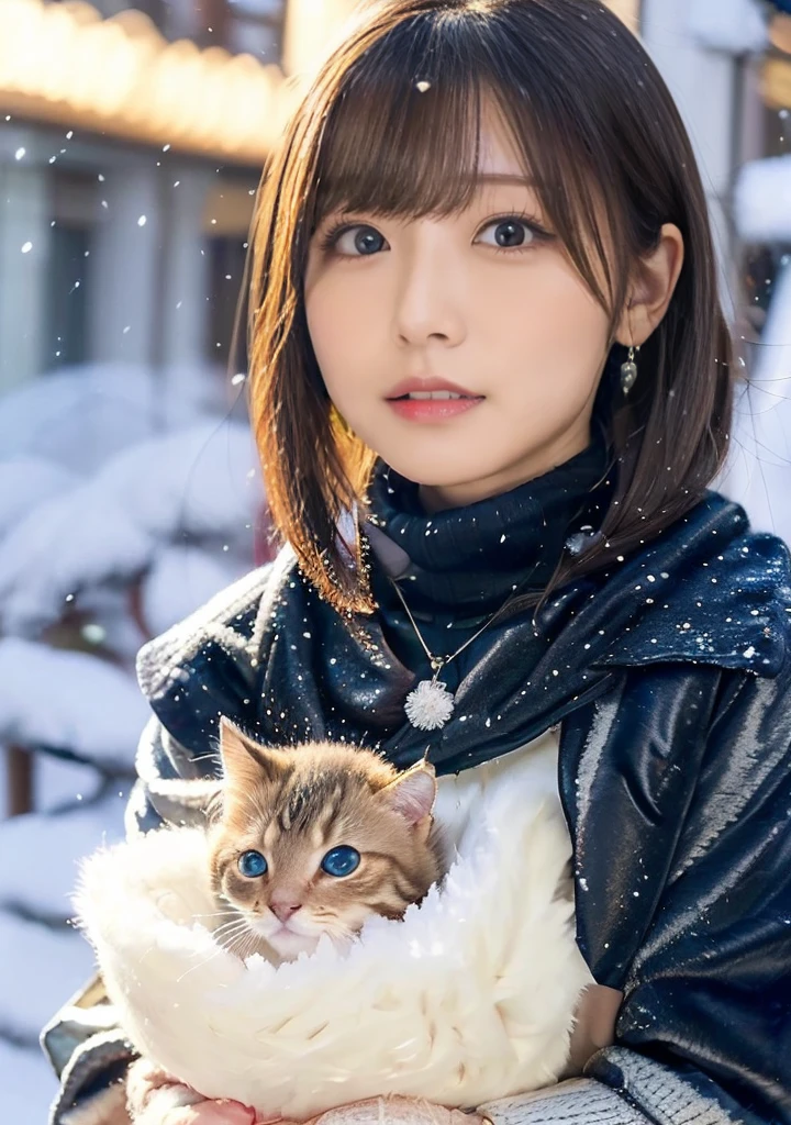 Blue Eyes、Holding a kitten、Photo from the waist up、Night city illumination shot、Cowgirl Shot、Fur coat、豪華なグレーのミンクのFur coat、Wear fine leather boots、Luxury Bags、Inner turtleneck、Silver necklace and small silver earrings Millionaire style:1.4))、Full body photo、smile、 Caustics、Highly detailed photos、Very beautiful woman 、Ample breasts、No makeup、(8K、RAW Photos、Highest quality、masterpiece:1.2)、(Realistic、Realistic)、1 Girl、((Medium Short Hair、Midwinter、Cold region Snow falling、The wind is blowing、Fluttering Hair、Blur the background、Colorful illuminations、Looking into the camera:1.4))、