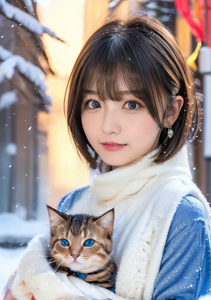 Blue Eyes、Holding a kitten、Photo from the waist up、Night city illumination shot、Cowgirl Shot、Fur coat、豪華なグレーのミンクのFur coat、Wear fine leather boots、Luxury Bags、Inner turtleneck、Silver necklace and small silver earrings Millionaire style:1.4))、Full body photo、smile、 Caustics、Highly detailed photos、Very beautiful woman 、Ample breasts、No makeup、(8K、RAW Photos、Highest quality、masterpiece:1.2)、(Realistic、Realistic)、1 Girl、((Medium Short Hair、Midwinter、Cold region Snow falling、The wind is blowing、Fluttering Hair、Blur the background、Colorful illuminations、Looking into the camera:1.4))、