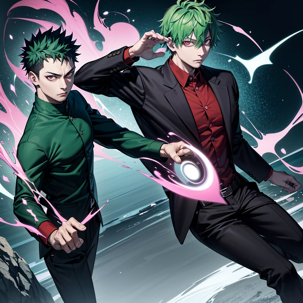 one japanese man, green hair, pink eyes, jujutsu kaisen background, high res, ultrasharp, masterpiece, jujutsu kaisen style