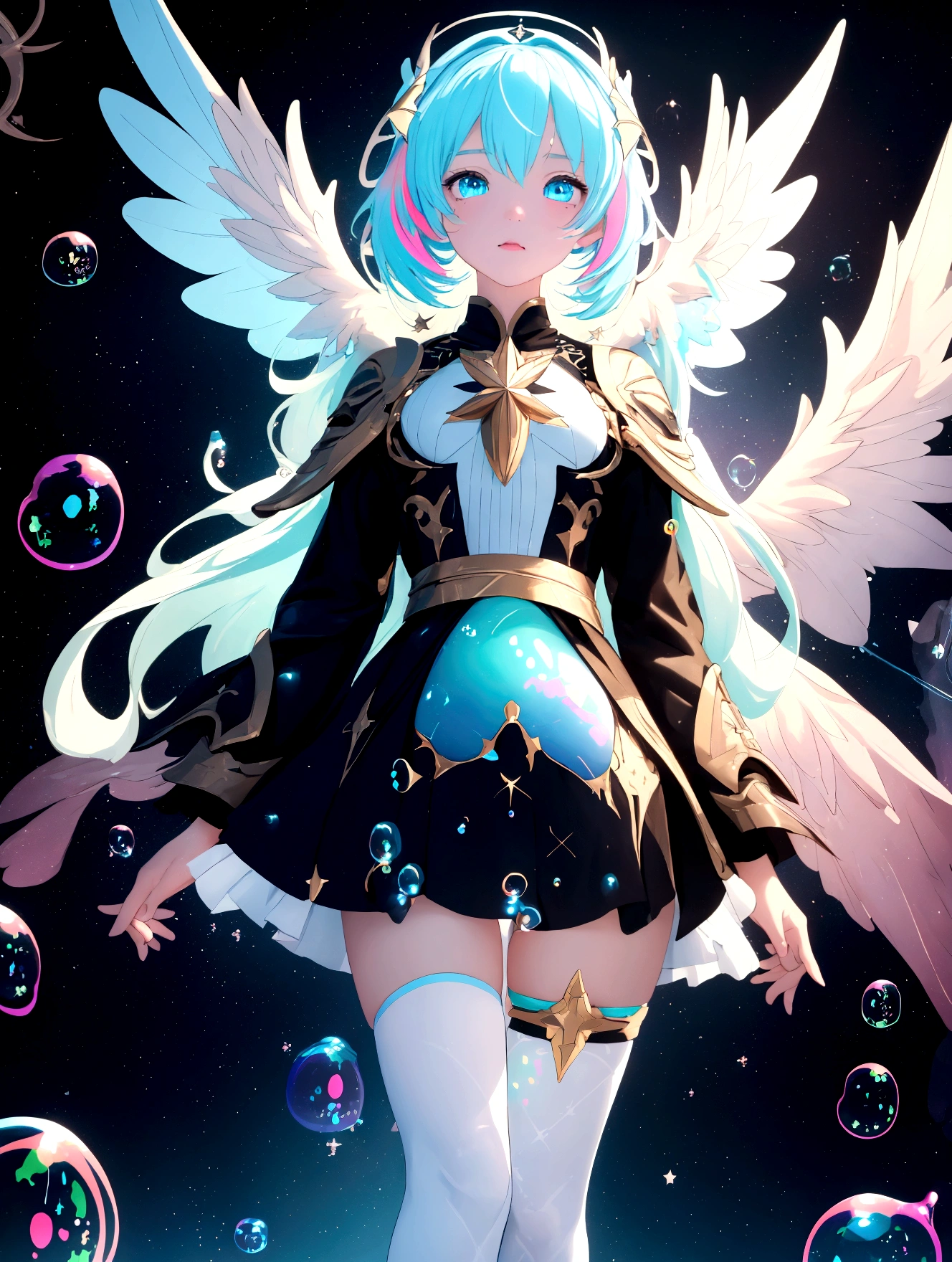 (masterpiece), (best quality), (Official Art, Extremely detailed CG unity 8k wallpaper), (Very detailed), ((absurd)), 1 Girl, Medium shot, (Exquisite facial features),(Seraph:1.3) ((SFW)),((Clear Hands)), ((White knee-high socks(No shoes))),Aqua eyes, Colored contact lenses, star in eye, (((Colored bubbles))), Multicolored Glass, (The album cover)