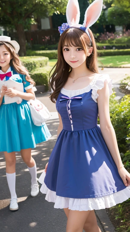 2 girls,Alice and a bunny girl,Alice in Wonderland is chasing a bunny girl,front view,