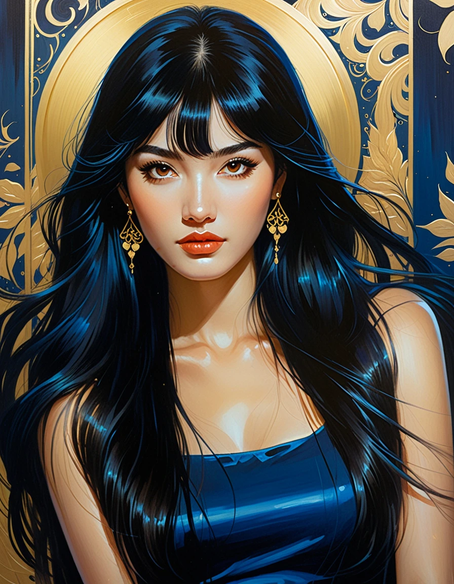 a 22yo woman with long black hair in a gold painting, in the style of charlie bowater, dark blue and dark black, michael garmash, comic art, realistic color palette, soft-focused realism, Beuty jabami yumeko, black hair, long hair, blunt bangs