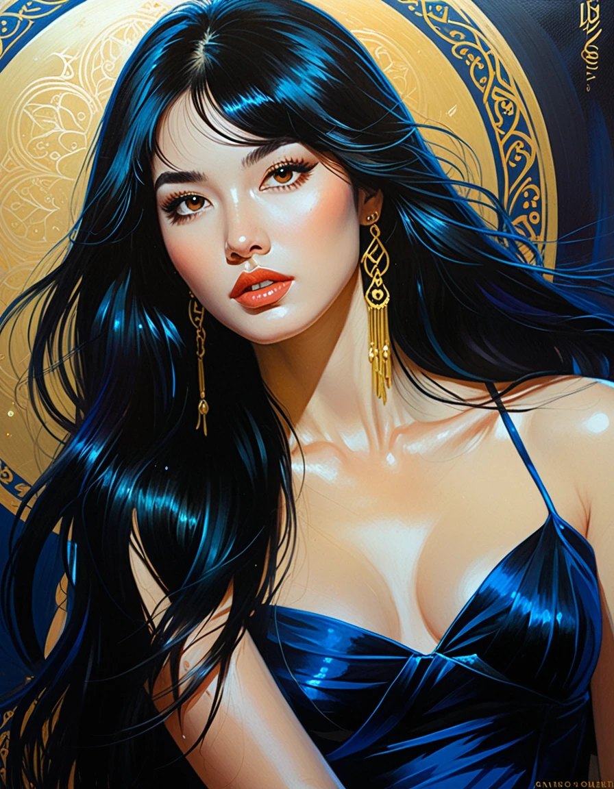 a 22yo woman with long black hair in a gold painting, in the style of charlie bowater, dark blue and dark black, michael garmash, comic art, realistic color palette, soft-focused realism, Beuty jabami yumeko, black hair, long hair, blunt bangs