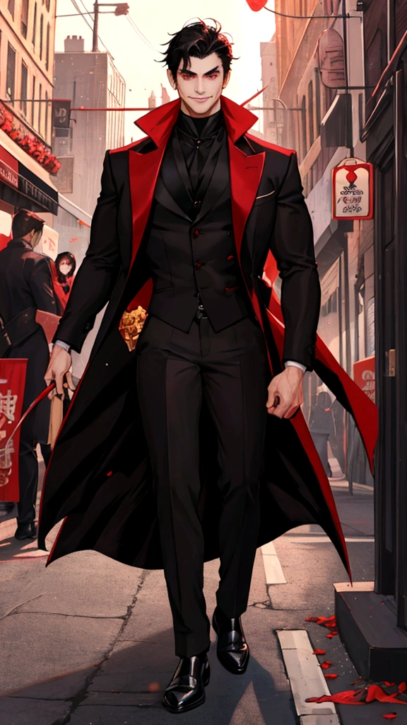 Handsome man, red eye color, muscular, comma black hair, grinning, teacher coat, full body, city background