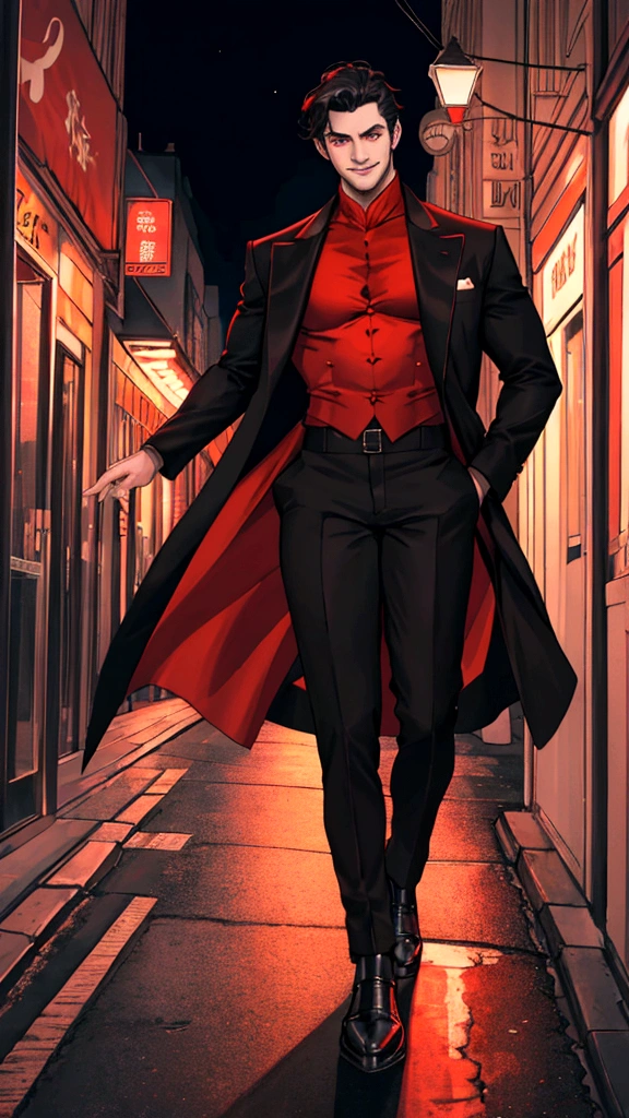 Handsome man, red eye color, muscular, comma black hair, grinning, teacher coat, full body, city background