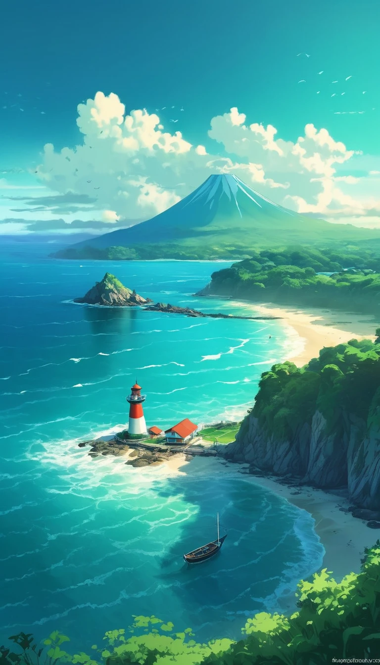 The ocean is right in front of you、Tropics、Ocean、ocean shore、cliff、Bungalow、Resort、turquoise blue、Emerald green、sunshine、water surface、rock、cloud、blue sky、buzzer、Paradise、beautiful、vivid、nature、trip、vacations、beautiful Anime Scenery, Landscape painting, Lighthouse, Beautiful digital painting, andreas rocha, Beautiful artwork illustration, Awesome Wallpapers, Raymond Han, tall beautiful painting, Studio Greebly New Ocean Makoto, Beautiful Wallpaper, Anime Scenery
