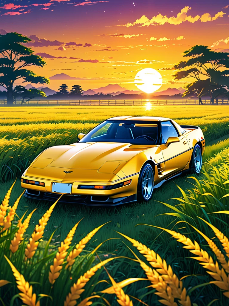 anime landscape of A pearl super space laser yellow classic 1992 Corvette ZR1 sport sits in a field of tall grass with a sunset in the background.beautiful anime scene, beautiful anime peace scene, Makoto Shinkai Cyril Rolando, beautiful anime scene, amazing wallpaper, anime art wallpaper 8k, anime background, artistic anime background, anime wallpaper 4k, anime art 4k wallpaper, anime wallpaper art 4k,