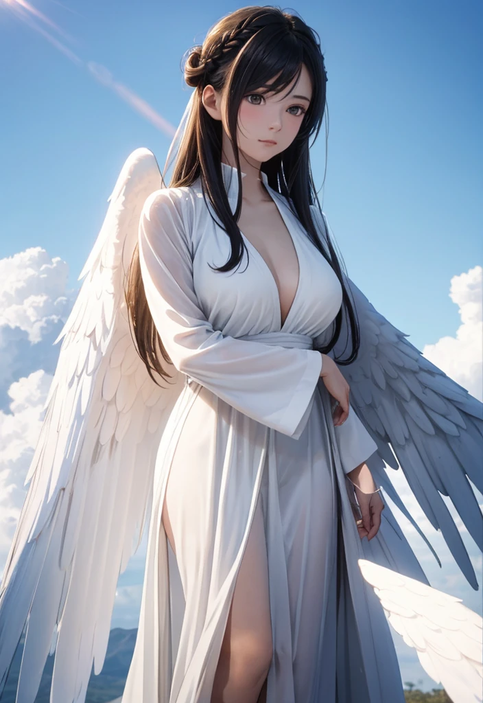 8K, of the highest quality, masutepiece:1.2), (Realistic, Photorealsitic:1.37), of the highest quality, masutepiece, Beautiful young woman, Pensive expression,、A charming、and an inviting look,masterpiece, best quality, 1 girl, solo, large breasts, light brown eyes, swept bangs, black hair, double hair buns hair, embarrassed, a beautiful angel with white wings, flying gracefully in a clear blue sky with fluffy white clouds. angel has a serene expression, long hair, and is dressed in a white gown. sunlight shines down, casting a heavenly glow around the angel. (full body:1.2), (flying:1.3),