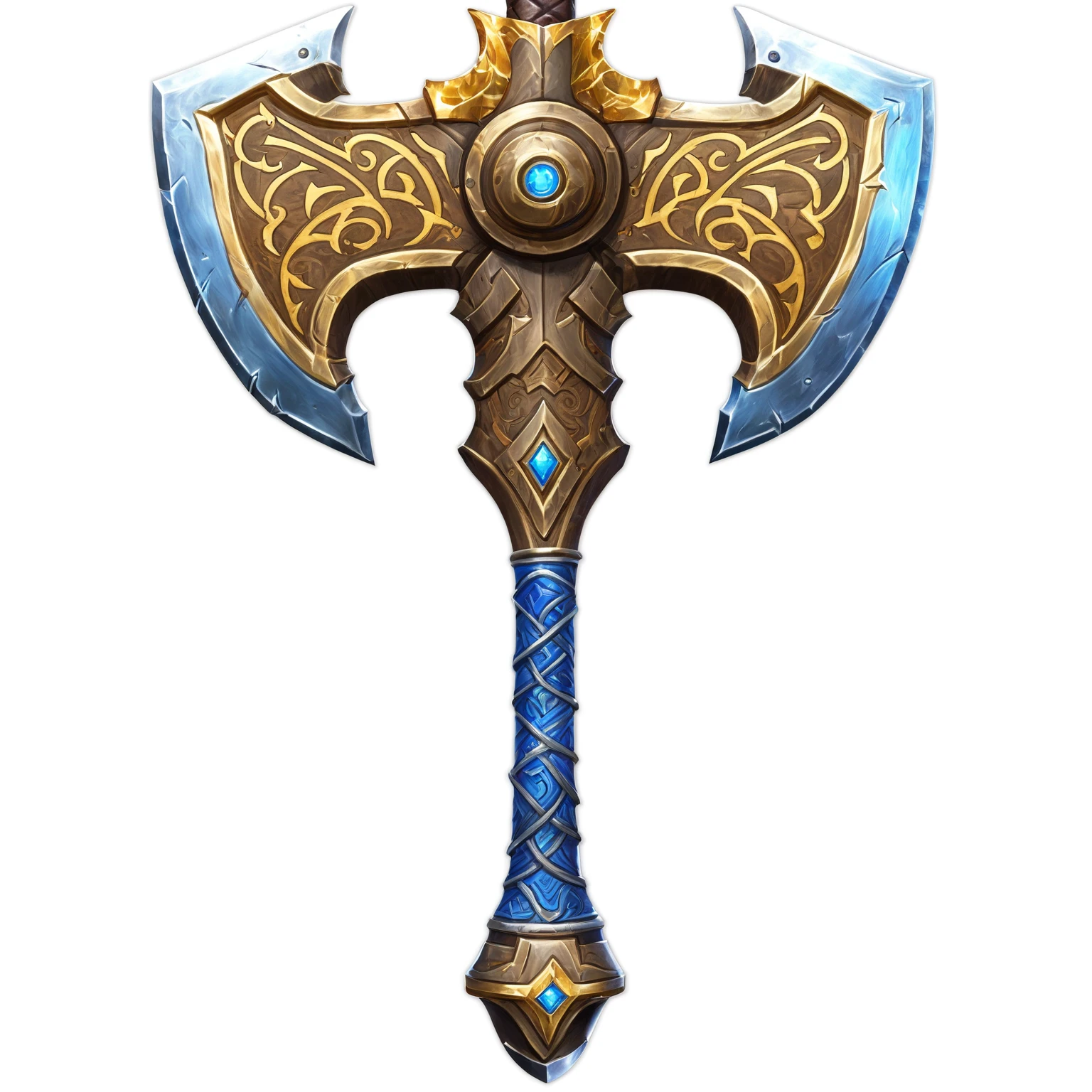 Close up of a large metal axe with gold and blue patterns, Fantasy RPG Weapon Art, Dwarven weapons, epic Fantasy weapons art, Fantasy weapons, Role Playing Game Items, Hearthstone Weapon Art, Tomahawk, World of Warcraft Blizzard Weapon Art, Mjolnir, Axe element, Tomahawk, Hammer Weapon, Role Playing Game Items render, Role Playing Game Items, halberd
