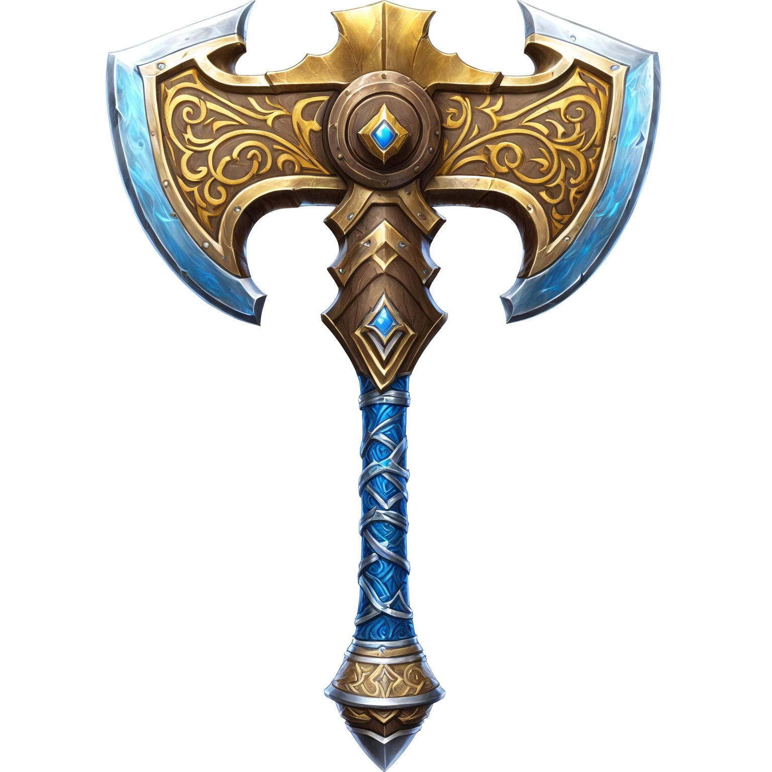 Close up of a large metal axe with gold and blue patterns, Fantasy RPG Weapon Art, Dwarven weapons, epic Fantasy weapons art, Fantasy weapons, Role Playing Game Items, Hearthstone Weapon Art, Tomahawk, World of Warcraft Blizzard Weapon Art, Mjolnir, Axe element, Tomahawk, Hammer Weapon, Role Playing Game Items render, Role Playing Game Items, halberd