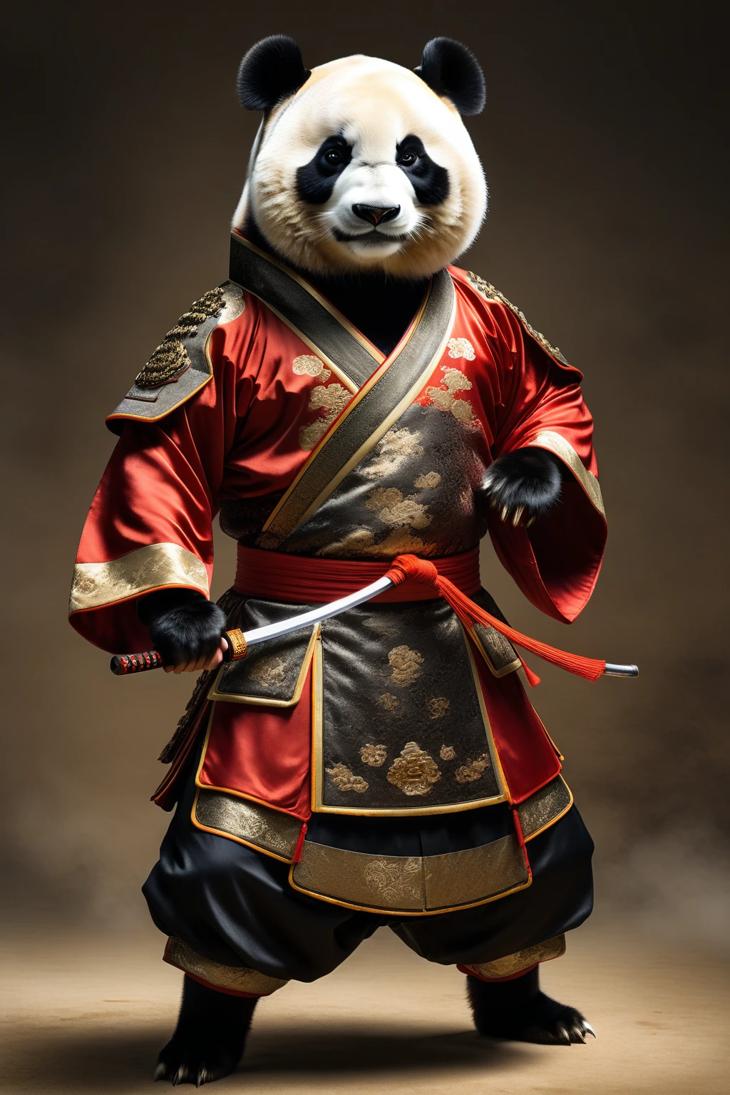 Anthropomorphic Panda, male, Full body portrait, Frontal lobe, Stance before the fight, Surreal, Detailed fur texture, Sharp eyes, Serious expression, Studio Lighting, The background is the arena,Chinese Tang Dynasty style,Tang Dynasty Martial Arts Arena, 8k resolution, Very detailed, Clear focus, Textured fabrics,Wearing traditional Chinese clothing,Traditional Chinese Kung Fu Clothing,Tang Suit,Tang Dynasty martial arts clothes