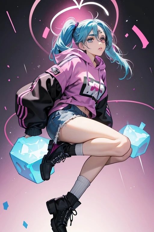SHE has scruffy and layered queen blue hair as well as queen blue eyebrows, cerulean frost eyes, and a hint of peach color on hER lips. HER right eye is covered by a crack heart-shaped eyepatch.
SHe wears a white shirt with a magenta and grey tartan pattern and a black hoodie with a magenta right sleeve, white toggle strings, and a cutout part
SHe also wears shorts, with the right part matching the color of most of hER hoodie and left part matching the colors and pattern of hER shirt, mismatched socks (black and grey right sock, black and magenta left sock) and black low-cut boots with white fronts and soles. SPARKLE; GLITTER