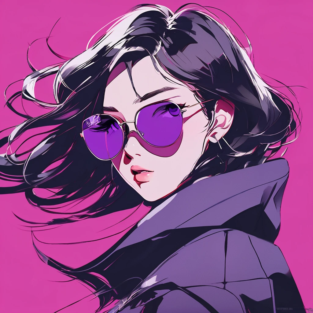 Anime girl with sunglasses in her hair, Guweiz style artwork, digital illustration style, anime style illustration, anime style 4k,purple eyes, With shining eyes, anime style. 8K, Hero, Persona 5 art style wallop