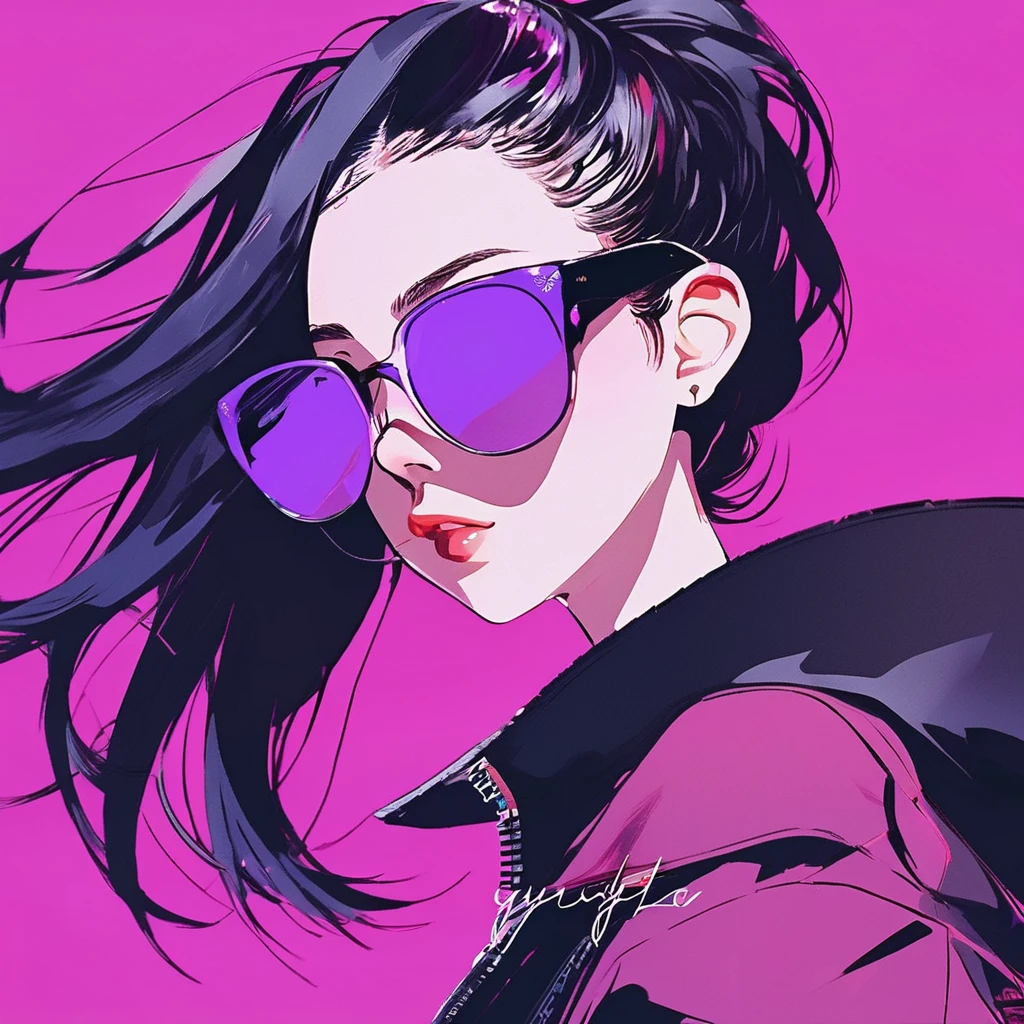 Anime girl with sunglasses in her hair, Guweiz style artwork, digital illustration style, anime style illustration, anime style 4k,purple eyes, With shining eyes, anime style. 8K, Hero, Persona 5 art style wallop