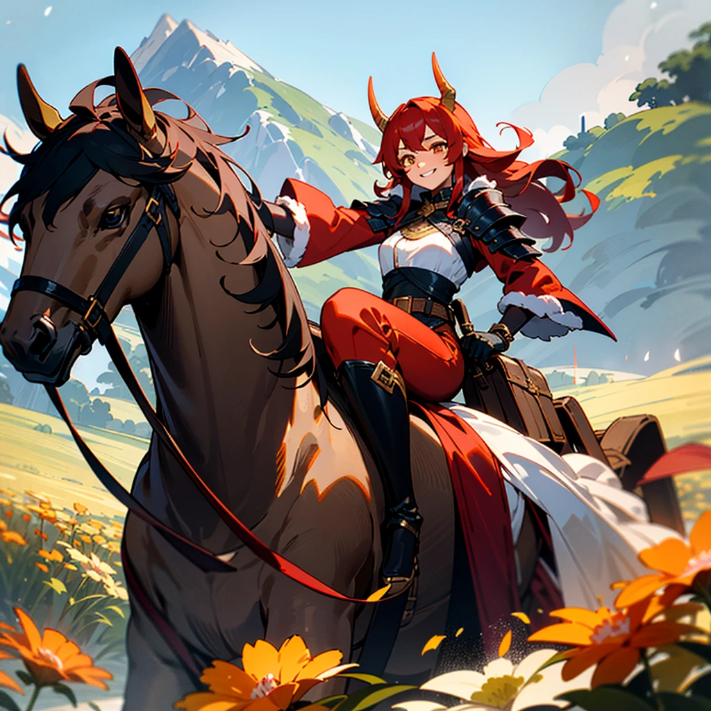 a young Korean woman with golden eyes and lush red hair and large horns, wet bronze skin, a huge chest, a predatory grin, a smile, dressed in a red coat stained with blood and dirt with black fur and rolled up sleeves, heavy golden armor, a wide leather red belt with a large golden yarn, black leather pants, leather gloves, gallops on a horse loaded with bags across a flower meadow against the backdrop of high mountains and forests,