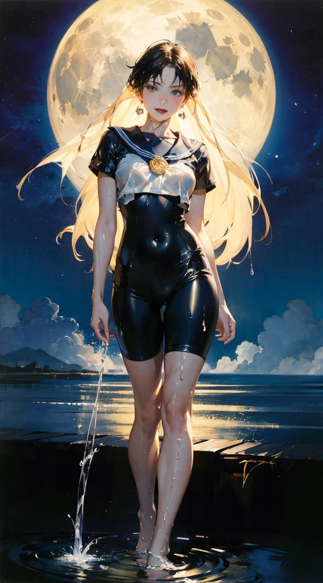 official art, unity 8k wallpaper, ultra detailed, beautiful and aesthetic, masterpiece, best quality, chinese style, (zentangle, mandala, tangle, entangle), ecstasy of flower, 1girl, extremely detailed, dynamic angle, cowboyshot, the most beautiful form of chaos, elegant, a brutalist designed, vivid colours, romanticism, by james jean, roby dwi antono, ross tran, francis bacon, michal mraz, adrian ghenie, petra cortright, gerhard richter, takato yamamoto, ashley wood, atmospheric The main character is Usagi Tsukino, a clumsy and seemingly ordinary teenage girl who discovers that she is the reincarnation of Sailor Moon, the legendary warrior of love and justice. Usagi is joined by other Sailor Guardians, including Sailor Mercury, Sailor Mars, Sailor Jupiter, and Sailor Venus, each of whom possesses unique powers and abilities. Together, they fight evil forces, protect the world from various threats, and search for the Moon Princess.highres, beautiful women, tanned gyaru, blonde hair, high detail, good lighting, lewd, , (((shiny wet spandex short-sleeved cycling suit))), ((wet clothes)), ((soaking wet)), ((wetlook)), (bare thighs), (((wetting herself))), (((peeing herself))), pee streaming down legs, peeing stain, (puddle), (thick thighs), nice long legs, lipstick, detailed face, pretty face, seductive face, aroused, sexually excited, (full body shot), ((in water bathing))