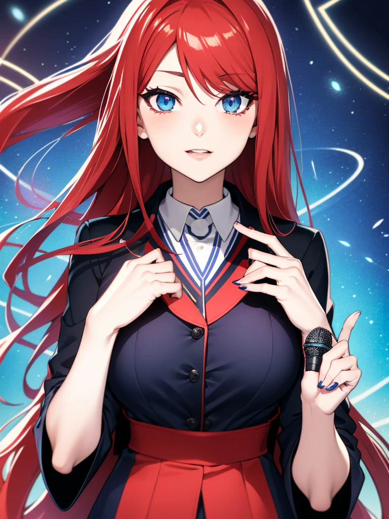 portrait of an anime girl with long red hair and blue eyes, dressed as a quiz show host. She should wear a professional outfit, hold a microphone, and strike a dynamic pose that exudes confidence and enthusiasm. Use vibrant colors and a distinctive anime drawing style.