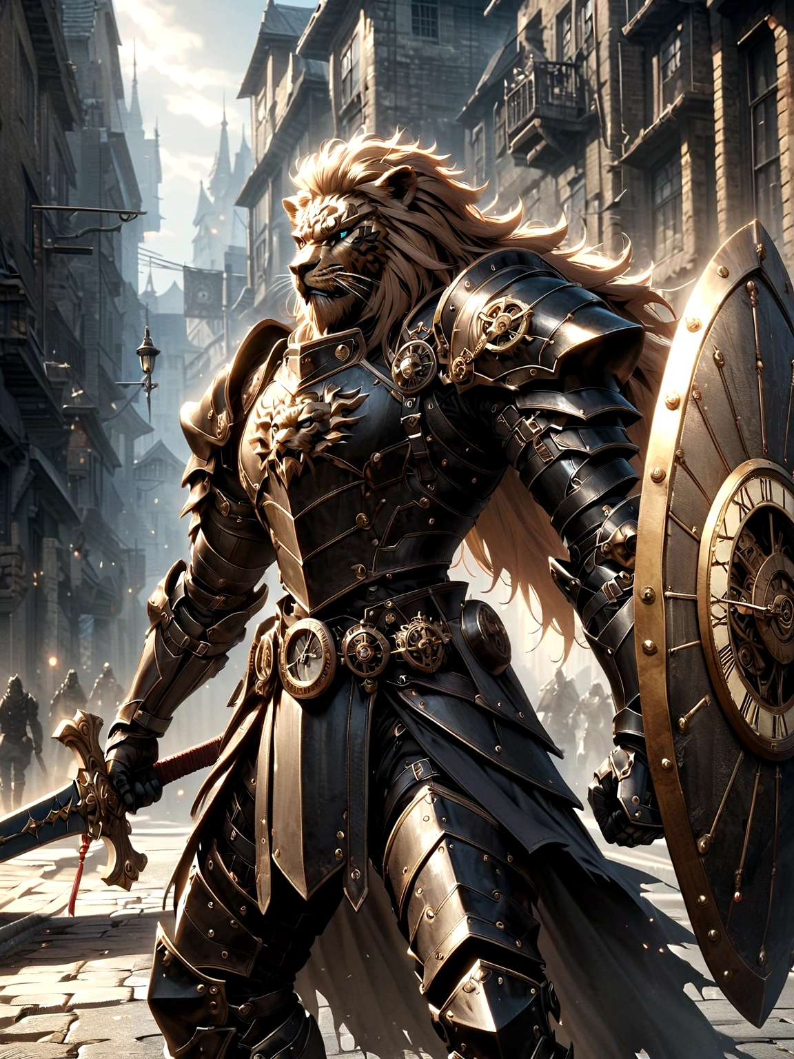 Lion Knight wearing combat uniform, on the street, black armor, Clock designs, Black Lion Man, Black Color armor, Sword and Shield