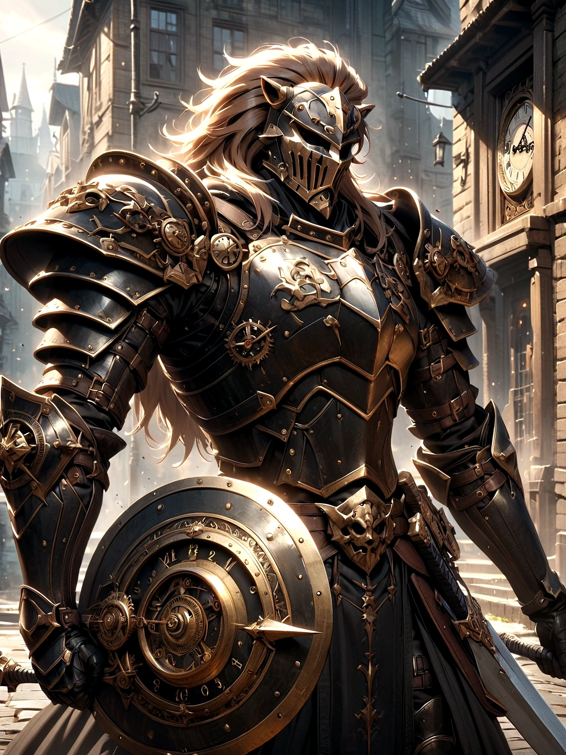 Lion Knight wearing combat uniform, on the street, black armor, Clock designs, Black Lion Man, Black Color armor, Sword and Shield