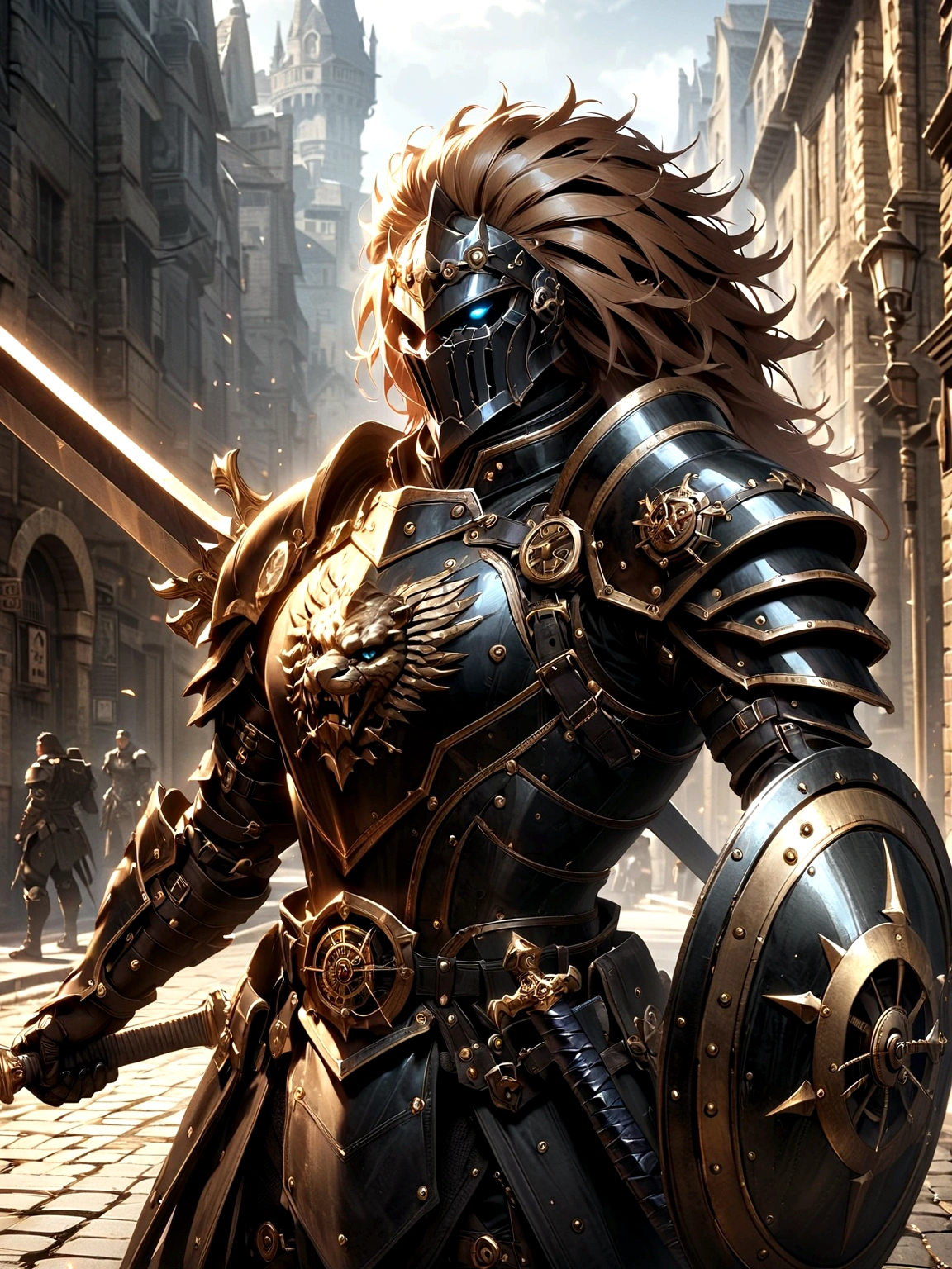 Lion Knight wearing combat uniform, on the street, black armor, Clock designs, Black Lion Man, Black Color armor, Sword and Shield