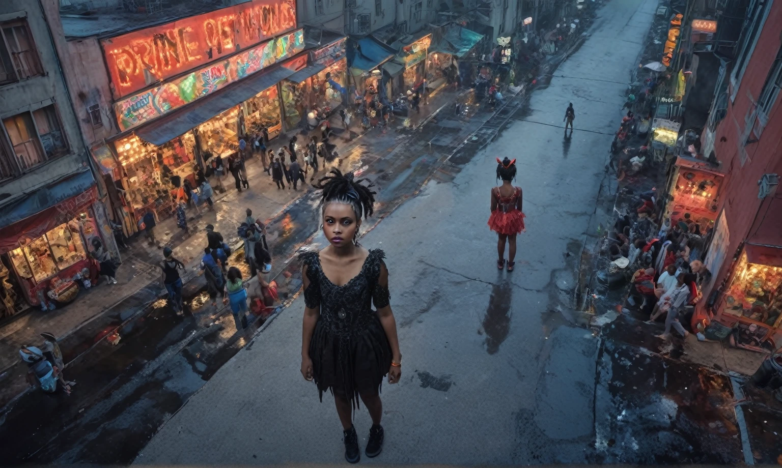 full-body-shot,Vview from height,full body length shot,vampire,babygirl,native african,lovely face,jealous,another world,ring of truth,French Braid with a Twist,4k resolution,RAW, Nikon Z9,by jimmy chin,view from height,lesbians babygirl 10 yo,pretty face,eyebrow up,full body shot,ominous landscape,glate gray atmosphere,by art Simon Stalenhag,Nicola Samori,(((Wangechi Mutu))),prime colors,Lisa Frank,urban,extremely detailed, [night],masterpiece,intricate details,fade,brazilian carnival