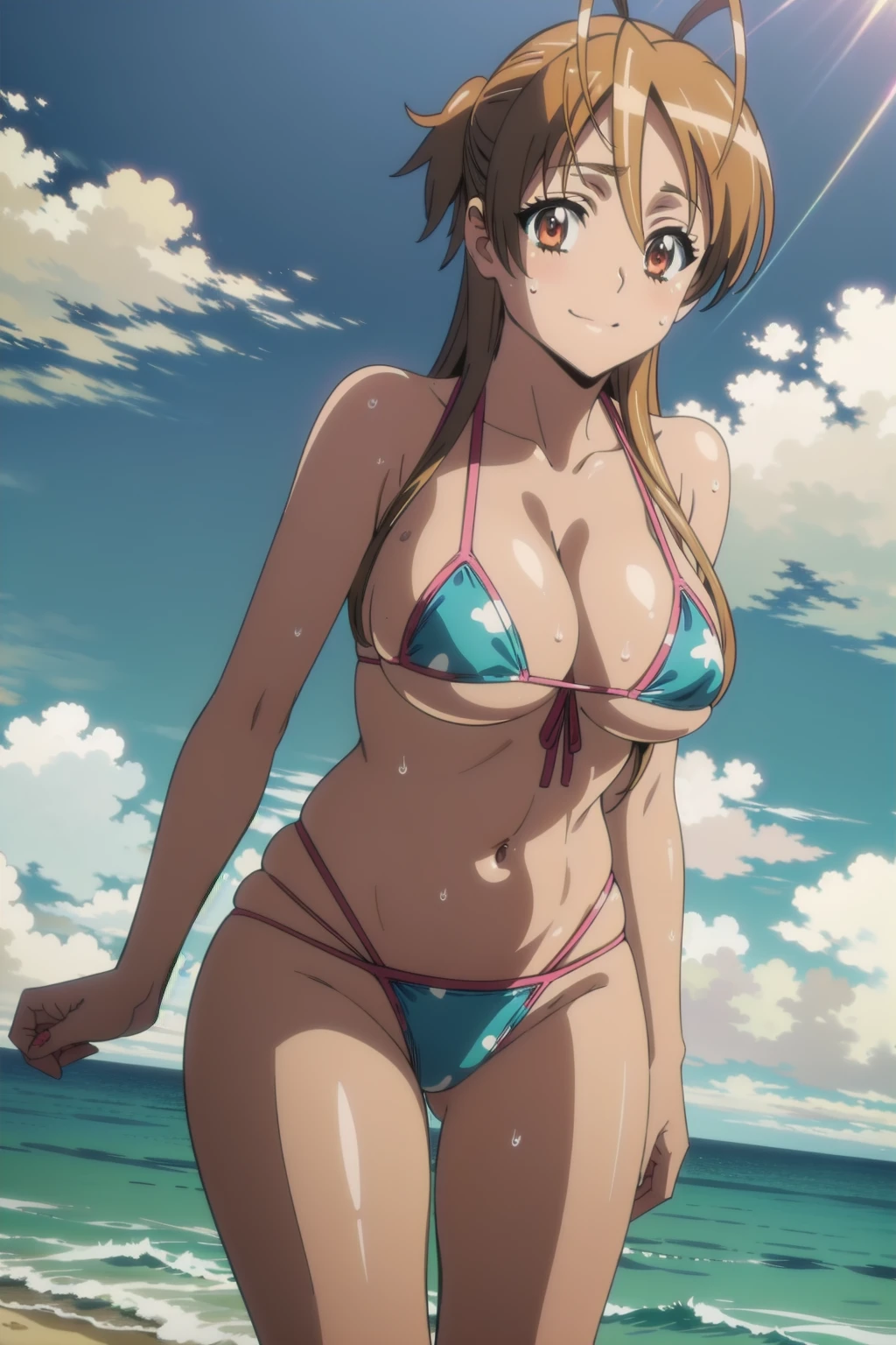 (((pixel-perfect, detail-perfect))), solo, 1girl,rei miyamoto,Smiling, looking at the viewer, blue theme, blue background, cloudy sky, sunlight, sweat, orgasmic, bikini swimsuit, large breasts, cleavage, belly button exposed, collarbone, thighs, sea and beach,