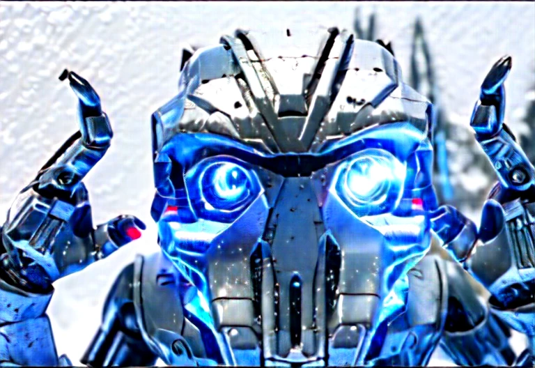 The robot uses laser fire at the viewer, A robot has the palm of its hand showing the viewer, setting frozen planet blizzard,