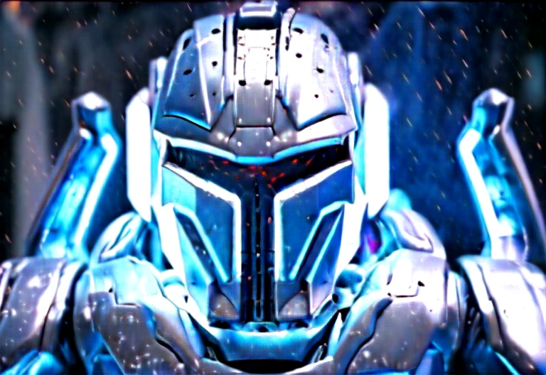 The robot uses laser fire at the viewer, A robot has the palm of its hand showing the viewer, setting frozen planet blizzard,