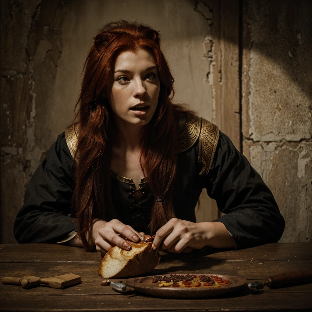 A CLASSIC MEDIEVAL DARK FANTASY PAINTING OF A RED HAIR LION ANIMAL EATING FLESH