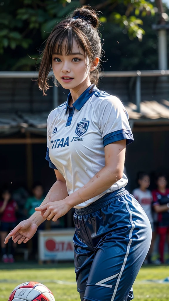 Highest quality, High resolution:1.2, Super detailed, Realistic:1.3, ((Beautiful woman))、((Ultra tight uniform))、Big Breasts、Vibrant colors, play soccer,((blunt bangs))、Has bangs、Wet Hair, Concentration, Splash, Action Shots, Grass blotches, Muddy ground, Wet turf, Decide, Fast-paced games, Athletic physique, Shiny soccer ball, Wet Uniform, raindrop, Blurred motion, Focus on the ball, Intense competition, Skillful dribbling, Energetic play, Teamwork, powerful shoots, Wet pitch, Passionate sports, Fierce Decide, Humid atmosphere, Fluid movement, emotional expression, Difficult conditions, Dramatic lighting, Women's Sports, Avid athletes, Exciting Games, endure, Excited state, Speed and agility, Energetic play, 濡れたSplash、smile、