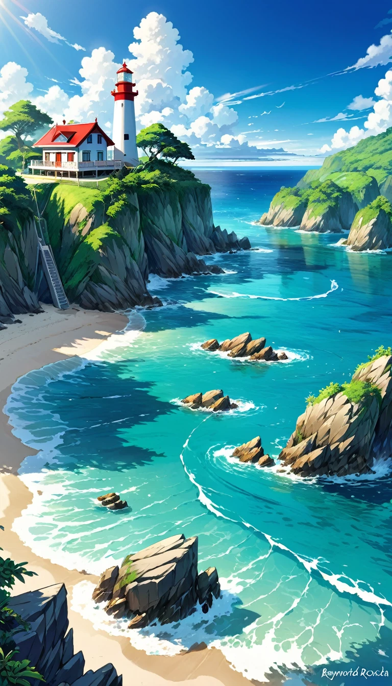 The ocean is right in front of you、Tropics、Ocean、ocean shore、cliff、Bungalow、Resort、turquoise blue、Emerald green、sunshine、water surface、rock、cloud、blue sky、buzzer、Paradise、beautiful、vivid、nature、trip、vacations、beautiful Anime Scenery, Landscape painting, Lighthouse, Beautiful digital painting, andreas rocha, Beautiful artwork illustration, Awesome Wallpapers, Raymond Han, tall beautiful painting, Studio Greebly New Ocean Makoto, Beautiful Wallpaper, Anime Scenery