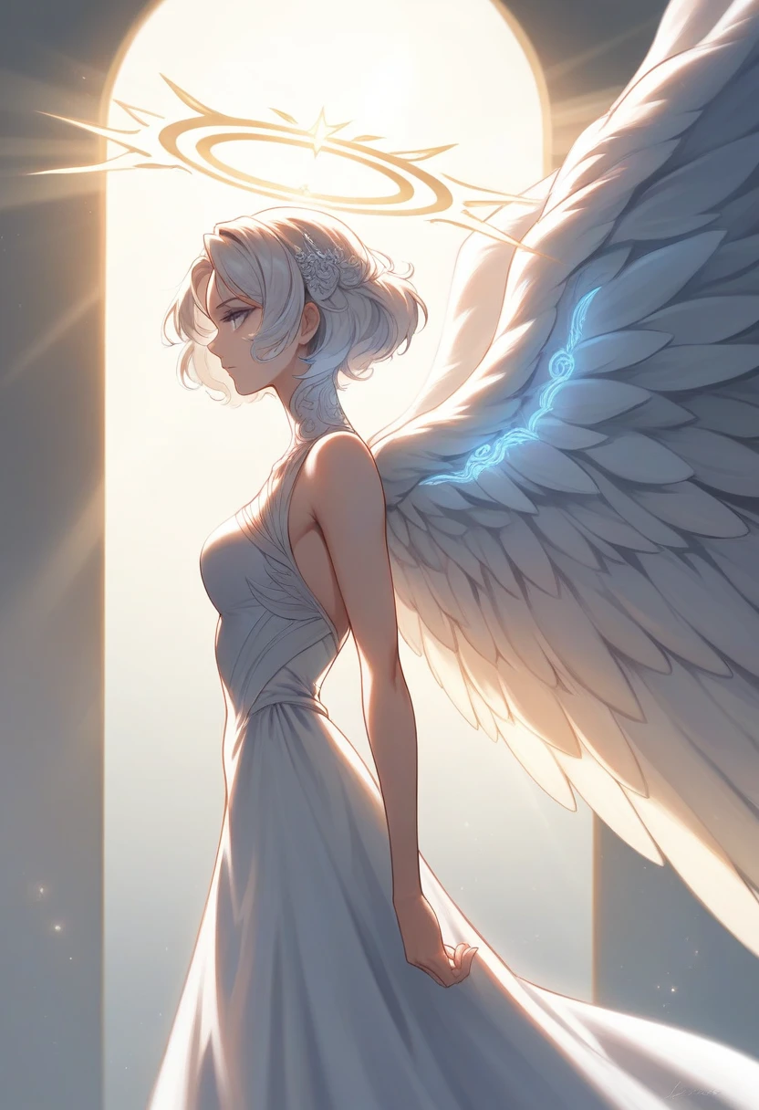 a beautiful angel with flowing white dress, wings spread, hand on hip, side view, (best quality,4k,8k,highres,masterpiece:1.2),ultra-detailed, studio lighting,extremely detailed face and eyes,delicate facial features,long eyelashes,smooth skin,intricate dress folds,glowing skin,angelic expression,sunlight streaming through clouds,simple background, hand behind back, anime