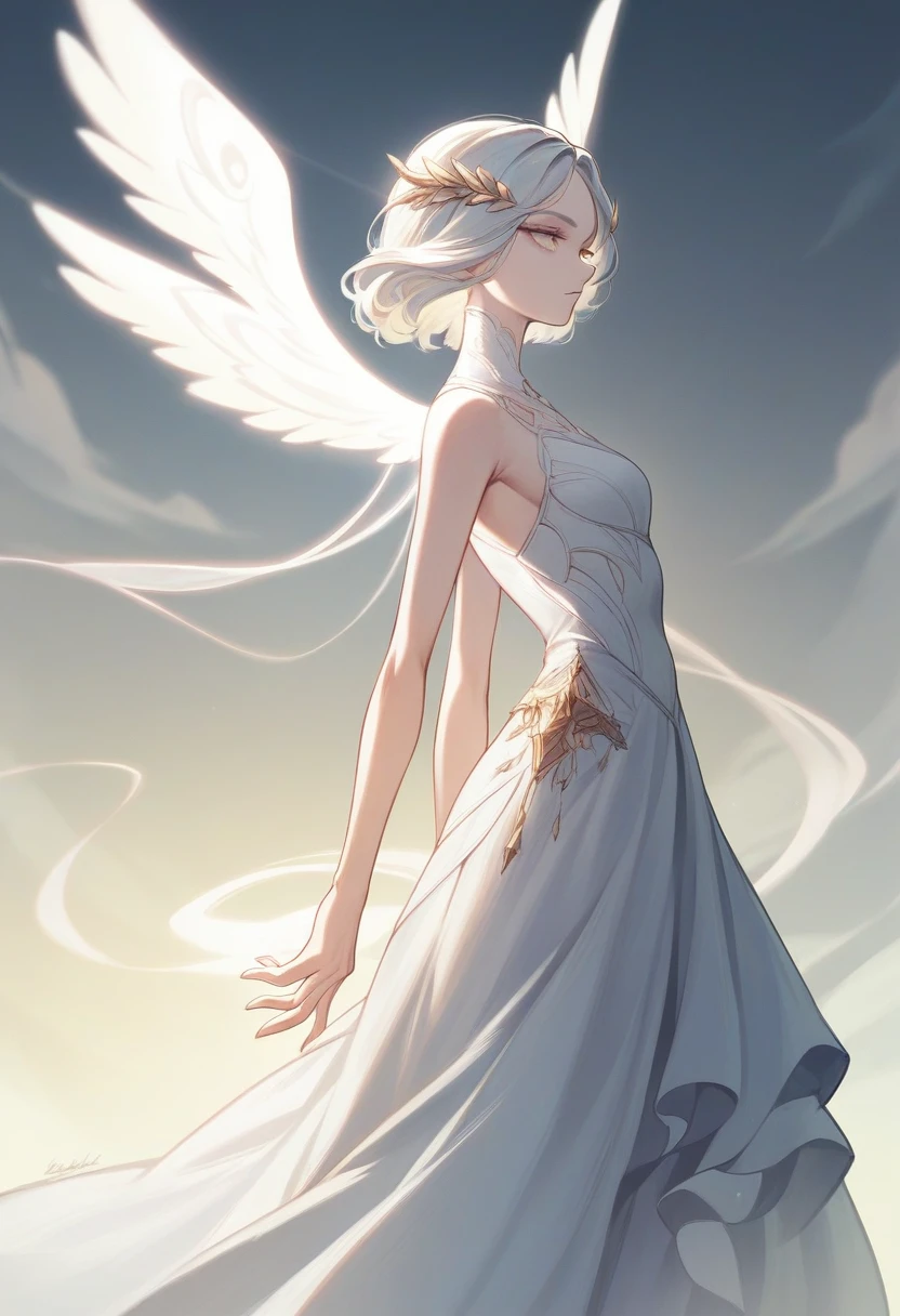 a beautiful angel with flowing white dress, wings spread, hand on hip, side view, (best quality,4k,8k,highres,masterpiece:1.2),ultra-detailed, studio lighting,extremely detailed face and eyes,delicate facial features,long eyelashes,smooth skin,intricate dress folds,glowing skin,angelic expression,sunlight streaming through clouds,simple background, hand behind back, anime