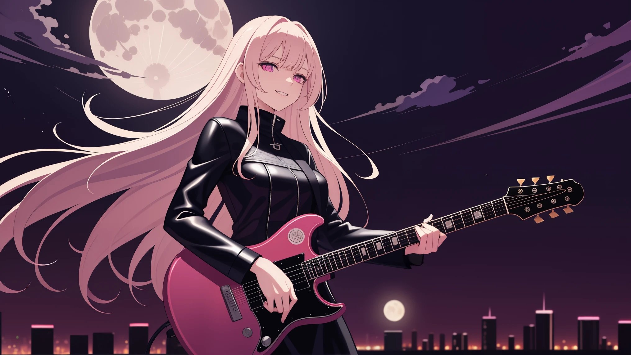 adult woman, pink eyes, long blonde hair, black leather, smile, guitar, 4k hd, night city, moon