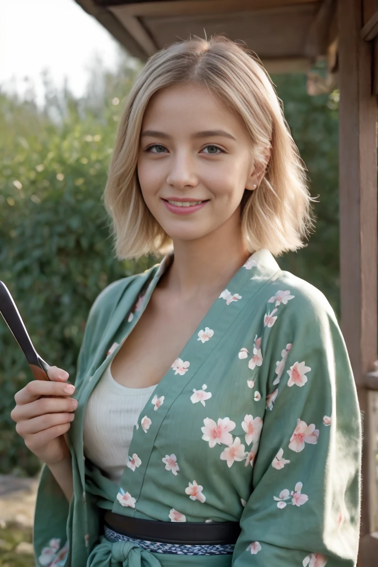 High Resolution, ​masterpiece, 1girl, alone, best quality, realistic, 

blond hair, short hair, ((Beautiful breasts)), sexy abs

(Pose: The woman is standing outdoors, holding a bowl of green tea dessert with one hand and a spoon in the other, ready to take a bite. She is slightly angled towards the camera, giving a candid and natural look.)

(Angle: The angle is a mid-shot, focusing on her upper body and capturing the background details of a traditional Japanese street. The lighting is soft and natural, highlighting her and the surroundings beautifully.)

(Expression: She has a pleasant and slightly surprised expression, with her mouth slightly open as she looks at the camera. Her expression adds a sense of spontaneity and charm to the scene.)

(Outfit: The woman is dressed in a beautiful floral-patterned yukata (a casual summer kimono), with a green obi (belt) tied around her waist. She carries a matching green kinchaku (traditional Japanese drawstring bag), complementing her outfit and adding to the authenticity of the scene.)

((Beautiful breasts)), BIG ASS, Thigh gap (sexy woman), (20 age old), evil smile , aroused, gros seins couverts, regard magnifique, cheveux blonds, 25 ans, jeune femme 4K, HDR.  (James C. Christensen:1.2|Jeremy Lipking:1.1), fit, sporty, Amazonian structure, muscular physique, Muscular arms, erotic beautiful body of a queen, 

(Dynamic camera:1.2), (​masterpiece), (best quality:1.2), Intricate detailing, Skin deepening,

 (Very detailed skin:1.2), shadows, contrast, cinematic lights ultra high resolution, Kodak vision colors, extremadamente detallado, Realistic, maximum details, real life, fotorrealismo, 8K UHD, 4K, ultra-detailed,