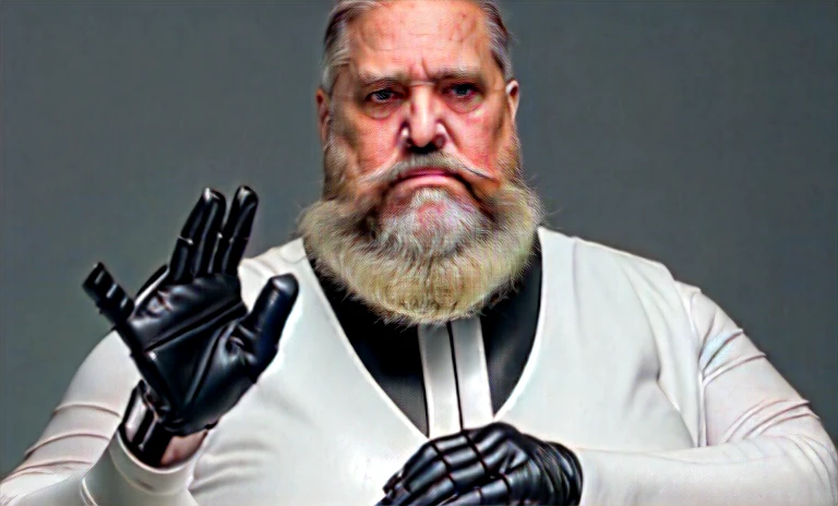He is looking at his mechanical palm, He observes his own bionic hand, The space general aged 65 has long gray beard and long beard, wears a futuristic uniform, he is fat bearded, long sleeve uniform , wearing leather gloves on your hands, he has his arms crossed seriously, speaking to the viewer, He wears a white general's hat on his head. He wears a general's hat.