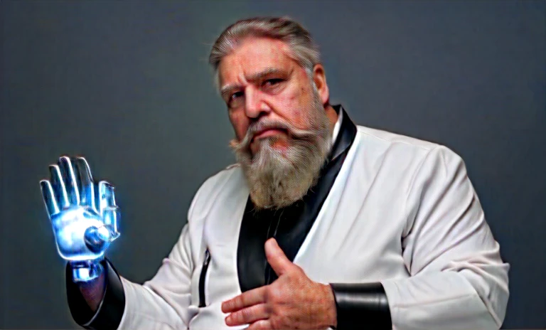 He is looking at his mechanical palm, He observes his own bionic hand, The space general aged 65 has long gray beard and long beard, wears a futuristic uniform, he is fat bearded, long sleeve uniform , wearing leather gloves on your hands, he has his arms crossed seriously, speaking to the viewer, He wears a white general&#39;s hat on his head. He wears a general&#39;s hat.
