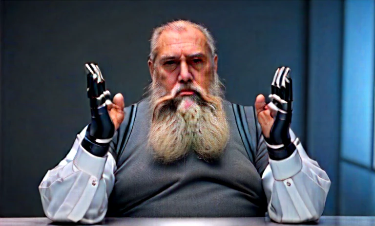 He is looking at his mechanical palm, He observes his own bionic hand, The space general aged 65 has long gray beard and long beard, wears a futuristic uniform, he is fat bearded, long sleeve uniform , wearing leather gloves on your hands, he has his arms crossed seriously, speaking to the viewer, He wears a white general's hat on his head. He wears a general's hat.