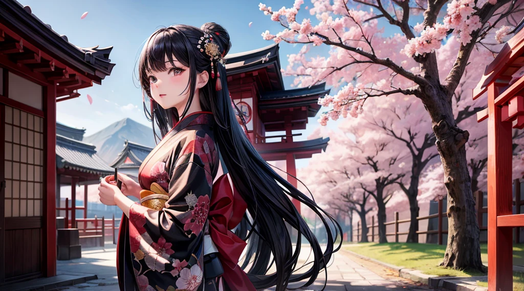 One girl, Long black hair, black eye, Wearing a beautiful Japanese kimono, Cherry tree, Traditional buildings, High resolution, Super sharp, 8K, masterpiece, View your viewers