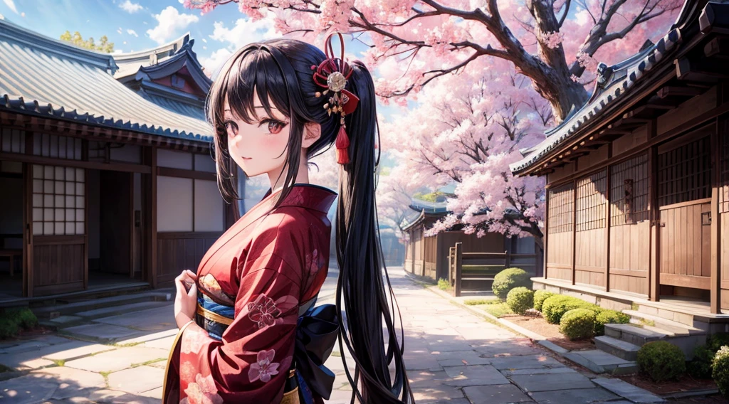 One girl, Long black hair, black eye, Wearing a beautiful Japanese kimono, Cherry tree, Traditional buildings, High resolution, Super sharp, 8K, masterpiece, View your viewers