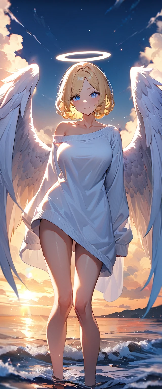 (((One girl))), full body, flying in the sky, bare legs, ((angel, big big white wings:1.2, halo:1.3)), Uriel, ((wavy hair, outward curled hair)), evening, Sunset, sea, beach, ((blond hair, bob cut:1.3)), big breasts, teenager, (looking at viewer), oversized clothes, puffy long sleeves, collarbone, ((off-shoulder sweater dress:1.3, Quite thick shoulder straps)), (((sleeves past wrists:1.3))), ((white sweater)), collarbone, head tilt:1.3, (((blue eye))), ((happy smile)), (((anime style))), (best quality, 4K, 8K, highres, masterpiece:1.2, ultra-detailed, ultra-detailed eyes, HDR, uhd, studio lighting, ultra-fine painting, sharp focus, physically-based rendering, extreme detail description, professional, vivid colors, bokeh), ((Highest quality, Best image quality, Ultra-high resolution, Ultra-high resolution, solo, Strong eye highlights)), Depth of written boundary, Natural soft light, attractive, Beautiful Face, Cleanliness, Pure Face, medium chest, Beautiful Face, Perfect Fingers, Perfect hands, Perfect body, Perfect Face, Shine a light into your eyes, Perfect Anatomy